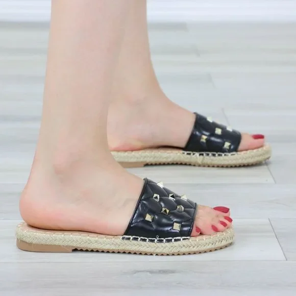 Black Flat Sandal Slip On Sliders Trendy Espadrille Gold Studs Quilted Toe Band - Picture 5 of 13